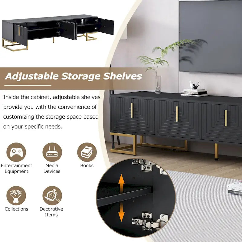Black+Gold 70.8 TV Stand with Gold Handles & Cabinets for 80 TVs