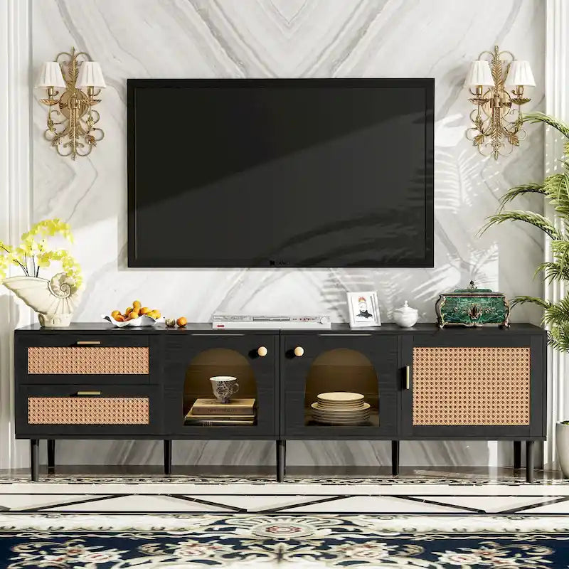 Rattan TV Stand with 3 Cabinets & 2 Drawers, Media Console Table for TVs up to 80, LED Light TV Stand for Living Room
