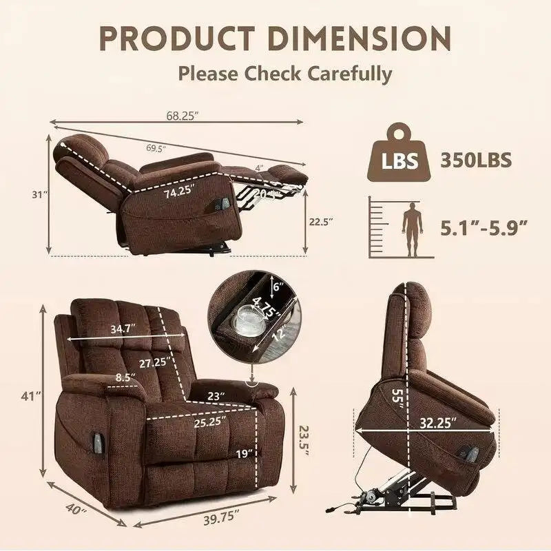 Power Lift Recliner Chair with Heat, Massage, and USB Charging