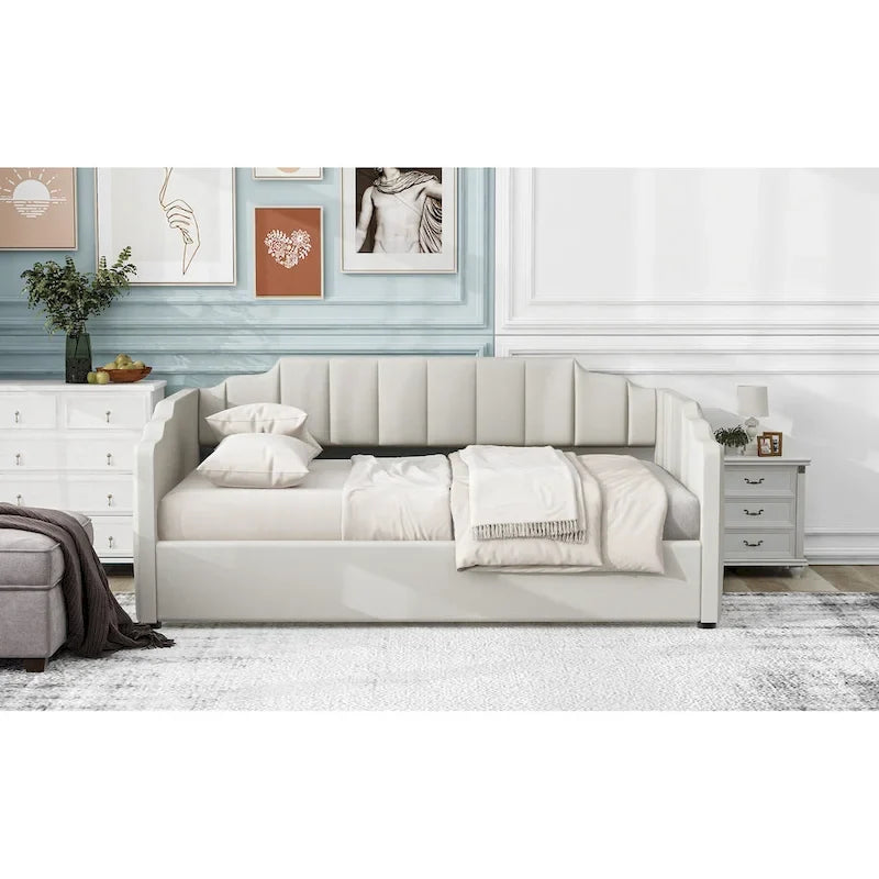 Upholstered Daybed with Underneath Storage,Full Size, Beige