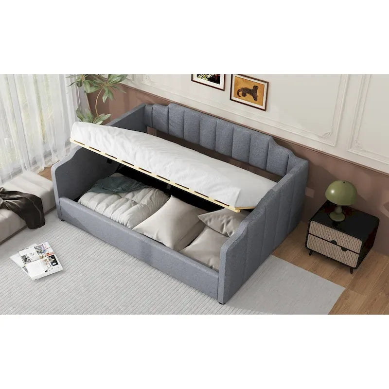 Upholstered Daybed with Underneath Storage,Full Size, Beige