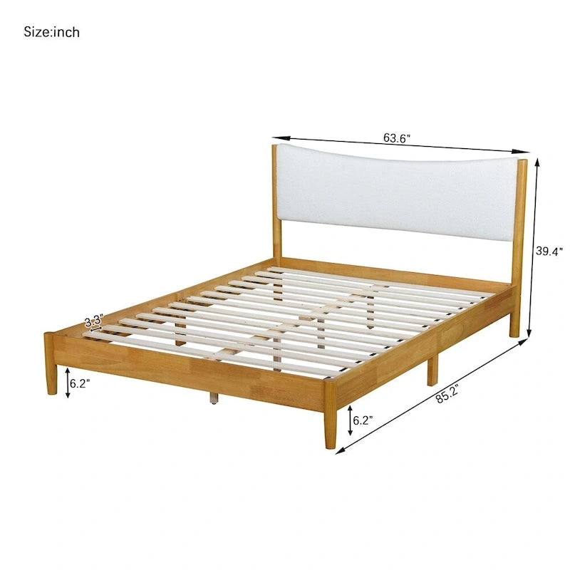 Queen Size Rubber Wooden,Solid Wooden Bed with Upholstered Headboard