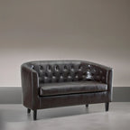 Midcentury Modern Button Tufted Faux Leather Barrel Loveseat - Comfy Tub Loveseat Sofa
