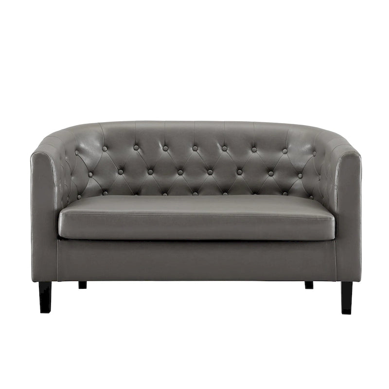 Midcentury Modern Button Tufted Faux Leather Barrel Loveseat - Comfy Tub Loveseat Sofa