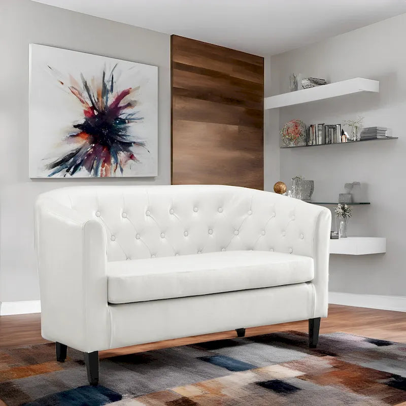 Midcentury Modern Button Tufted Faux Leather Barrel Loveseat - Comfy Tub Loveseat Sofa