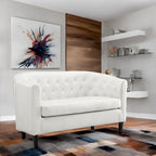 Midcentury Modern Button Tufted Faux Leather Barrel Loveseat - Comfy Tub Loveseat Sofa