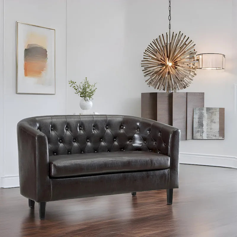 Midcentury Modern Button Tufted Faux Leather Barrel Loveseat - Comfy Tub Loveseat Sofa
