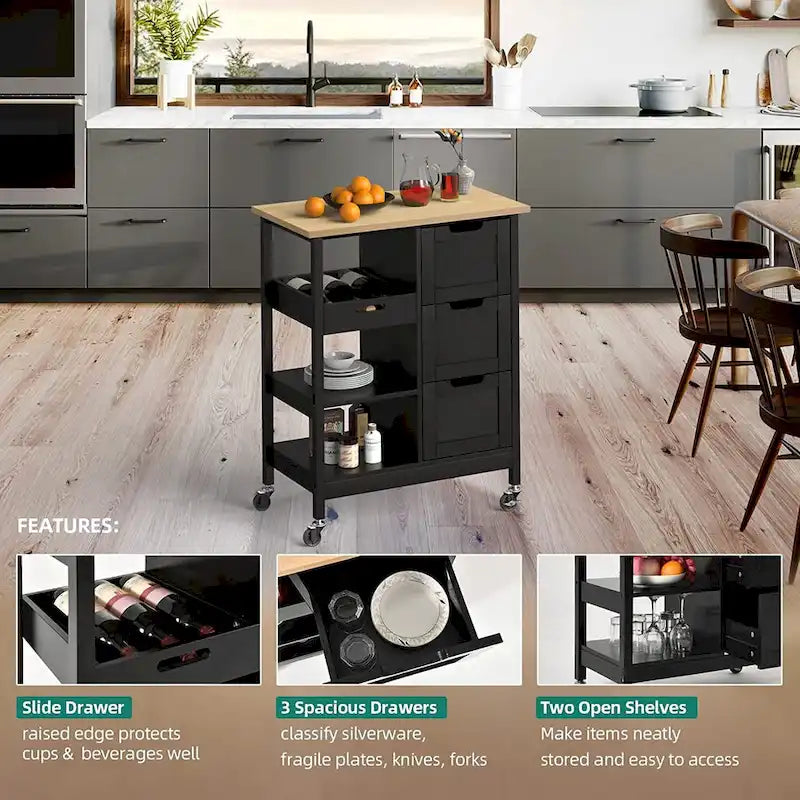 Rolling Kitchen Bar Trolley Serving Cart on Wheels with Wood Top