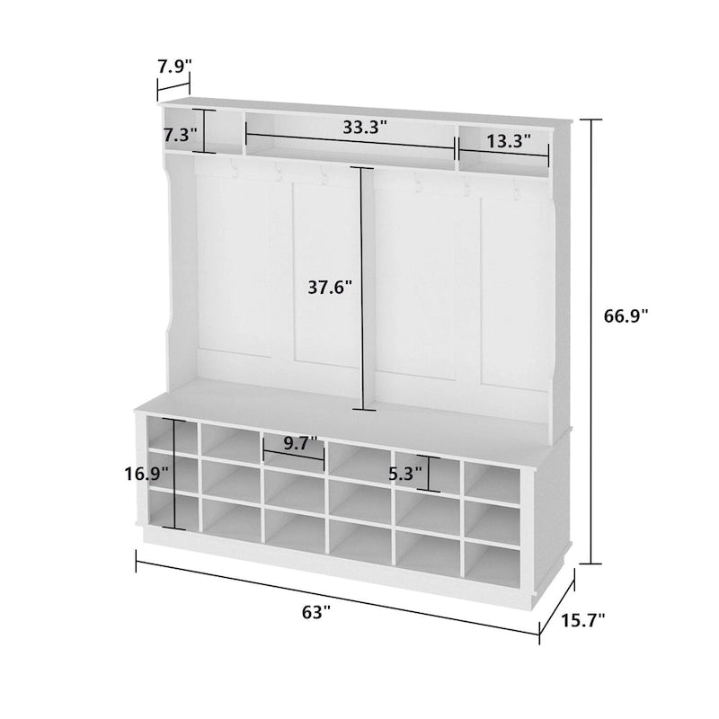 63W 18 Shoe Cubbies Wide Hall Tree With Hooks