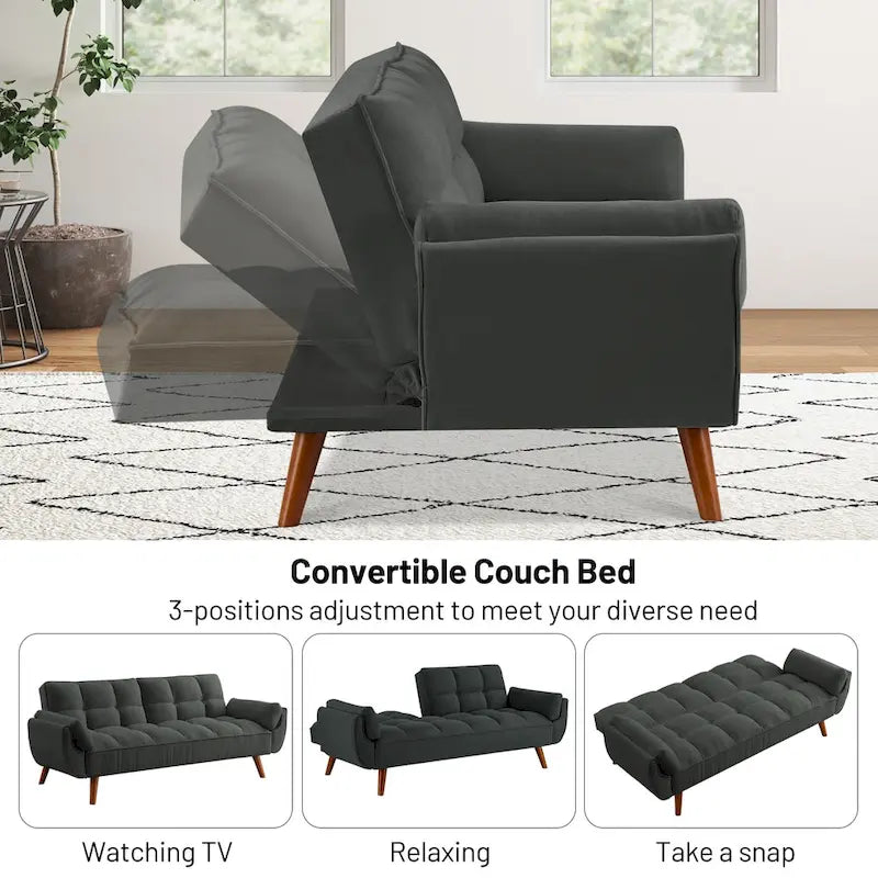 75.39 IN. Futon Sofa Bed, Convertible Upholstered Couch Sleeper with Reclining Sleeper Split Tufted Back