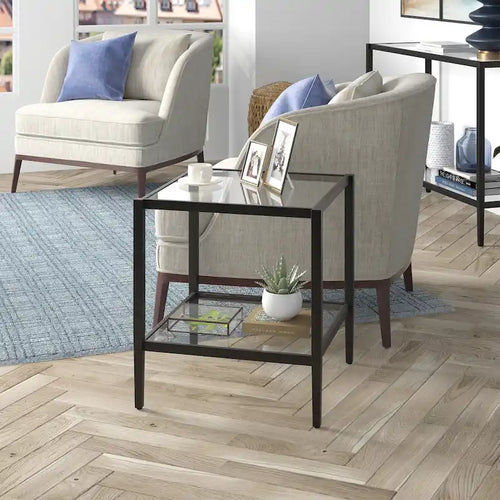20-Inch Square Side Table with Tempered Glass Top and Shelf
