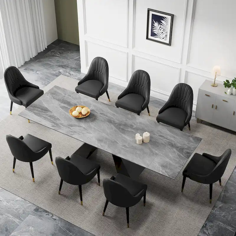 9 - Piece 110.24 Extendable Sintered Stone Dining Table and 8 Leather Chairs Dining Set