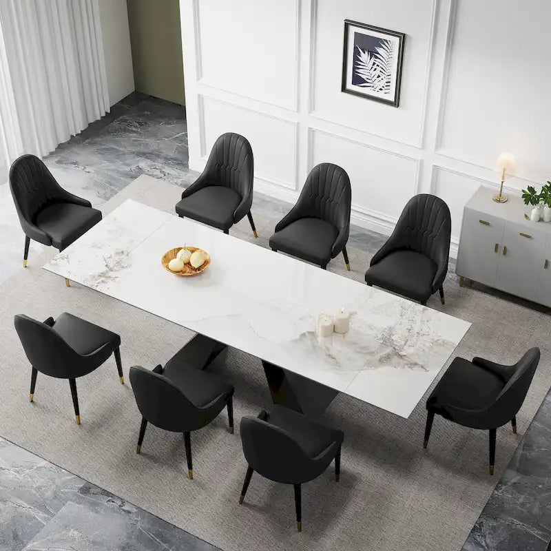 9 - Piece 110.24 Extendable Sintered Stone Dining Table and 8 Leather Chairs Dining Set