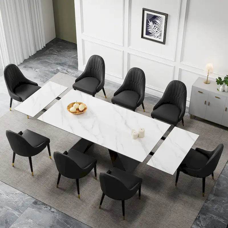 9 - Piece 110.24 Extendable Sintered Stone Dining Table and 8 Leather Chairs Dining Set