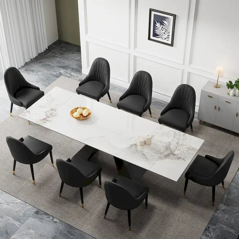 9 - Piece 110.24 Extendable Sintered Stone Dining Table and 8 Leather Chairs Dining Set