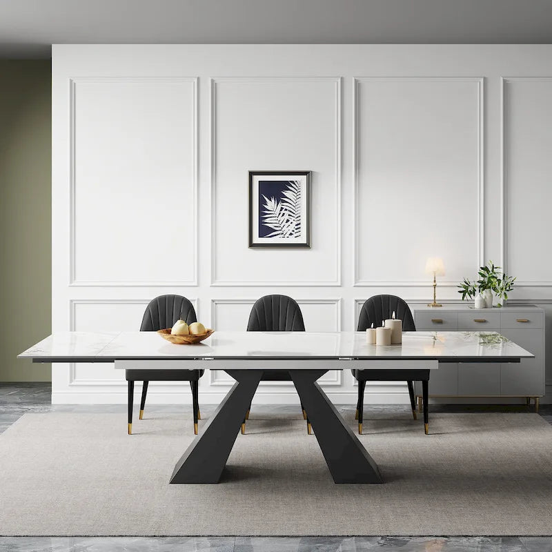 9 - Piece 110.24 Extendable Sintered Stone Dining Table and 8 Leather Chairs Dining Set