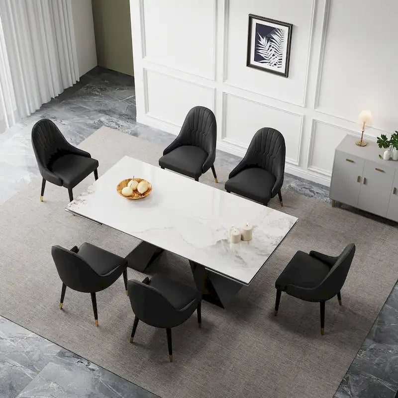 9 - Piece 110.24 Extendable Sintered Stone Dining Table and 8 Leather Chairs Dining Set