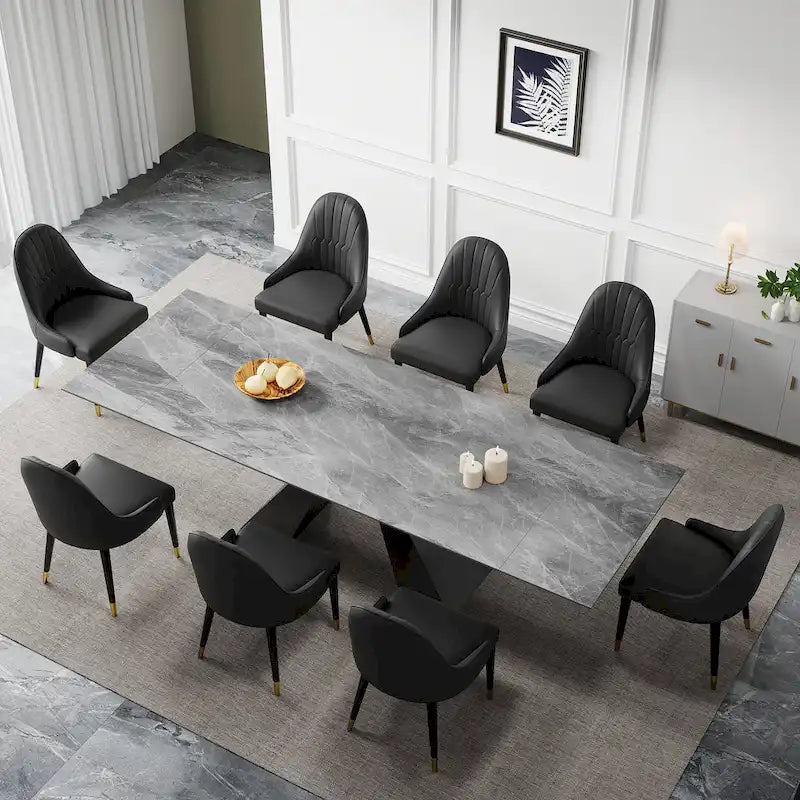 9 - Piece 110.24 Extendable Sintered Stone Dining Table and 8 Leather Chairs Dining Set