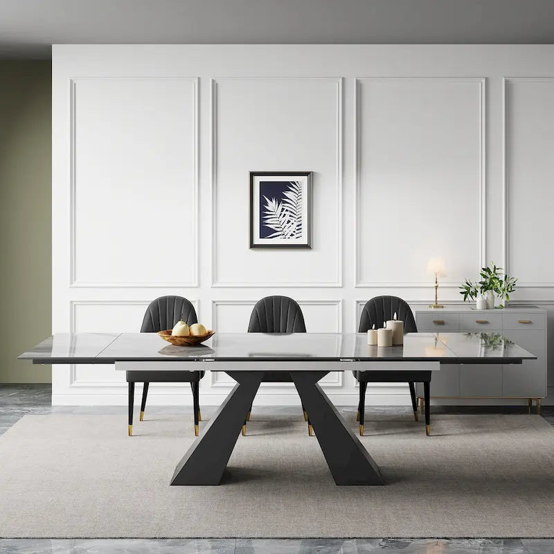 9 - Piece 110.24 Extendable Sintered Stone Dining Table and 8 Leather Chairs Dining Set