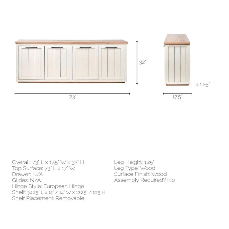 Fairview III Light Brown & White Solid Wood w/ 4 Cabinet Door Sideboard - 73W x 17D x 32H