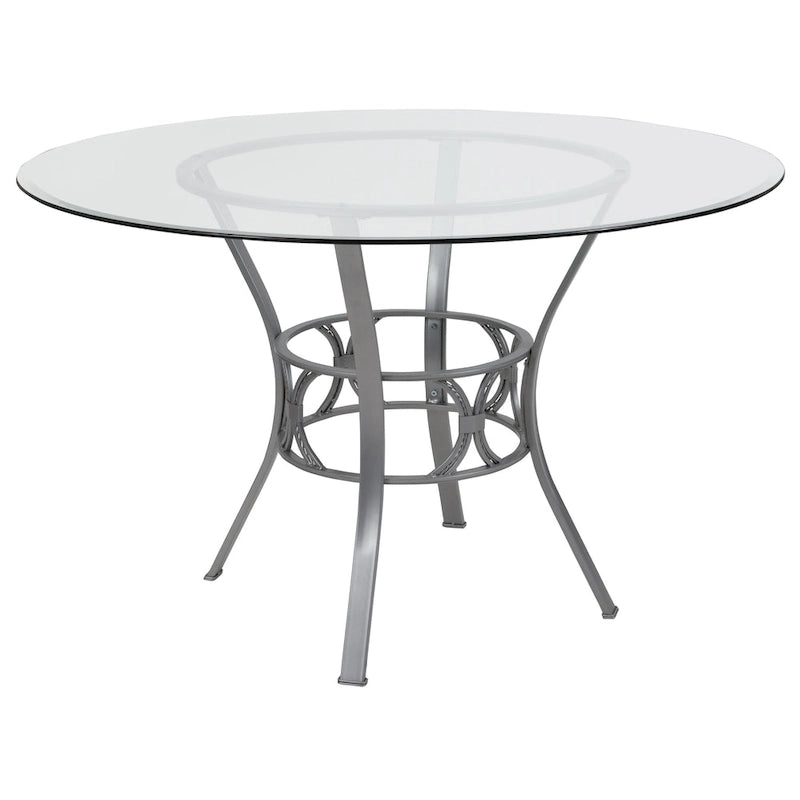 48 Round Glass Dining Table with Crescent Style Metal Frame - 48W x 48D x 29.5H - 48W x 48D x 29.5H