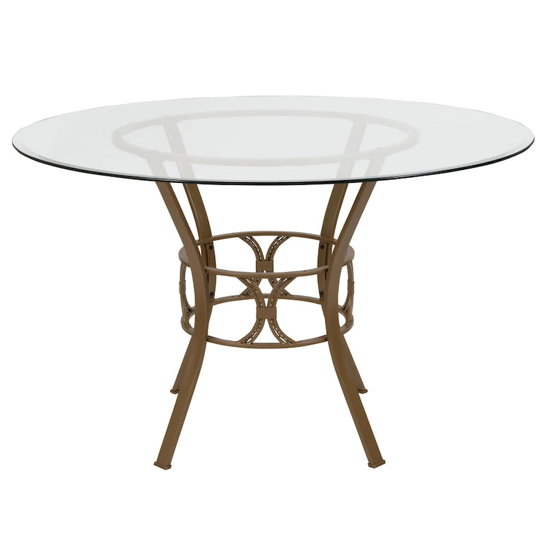 48 Round Glass Dining Table with Crescent Style Metal Frame - 48W x 48D x 29.5H - 48W x 48D x 29.5H