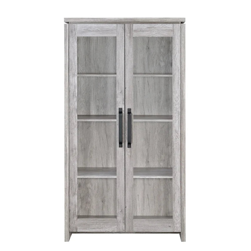 Spacious Wooden Curio Cabinet With Two Glass Doors, Gray