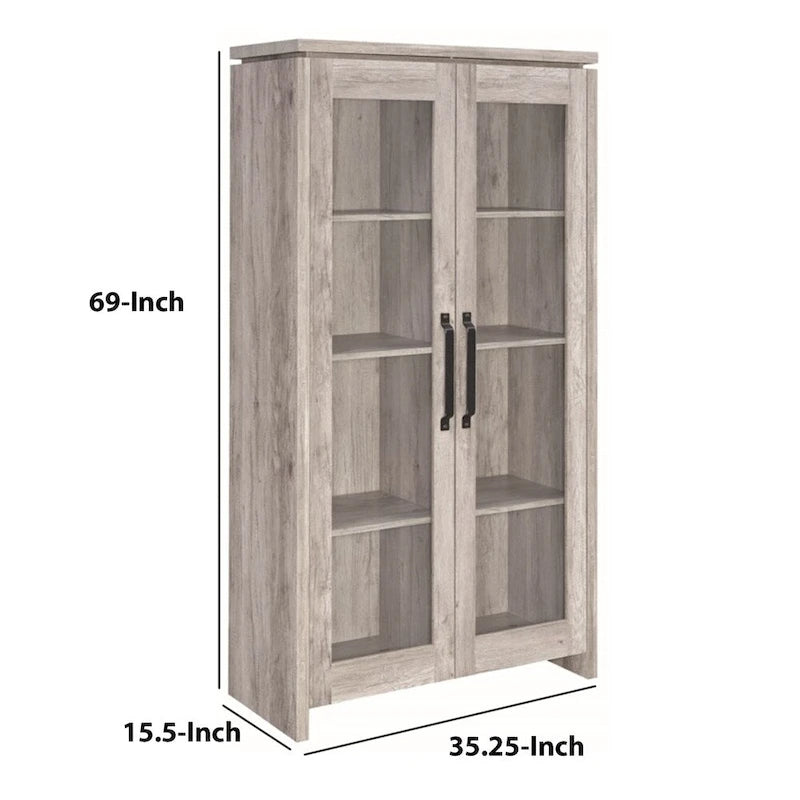 Spacious Wooden Curio Cabinet With Two Glass Doors, Gray