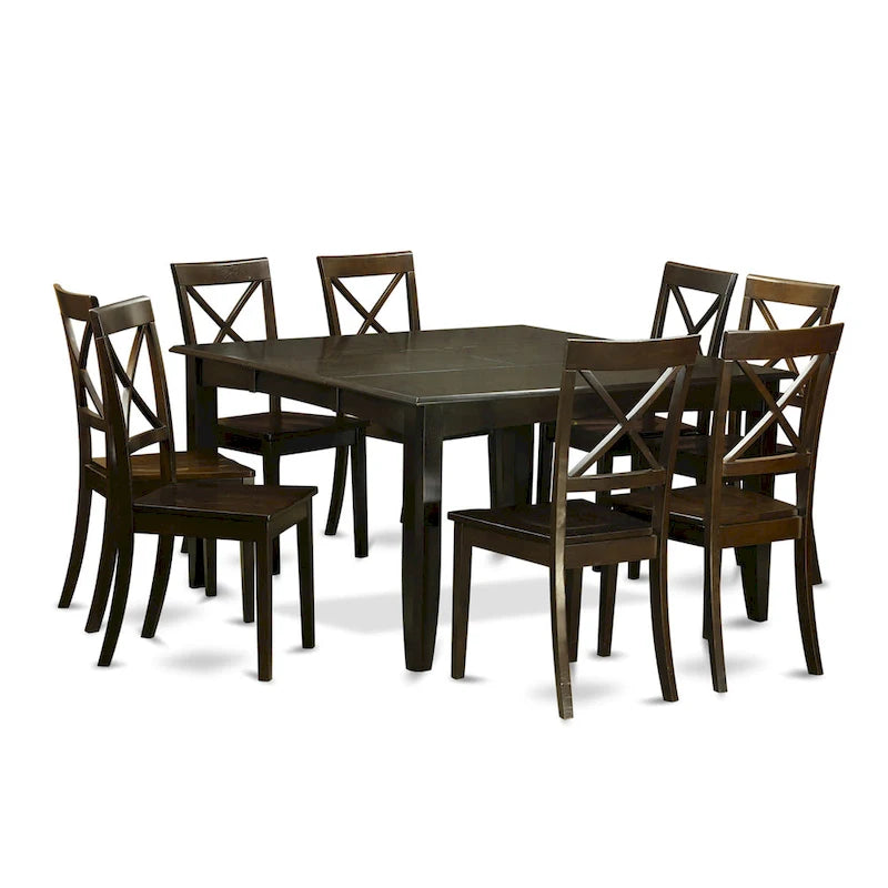 Dining Table Set Includes a Square Wooden Table with Butterfly Leaf and 8 Kitchen Dining Chairs, Cappuccino
