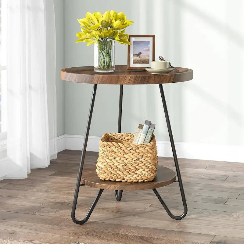 2-Tier Round Side Table, Wooden End Table with Metal Legs