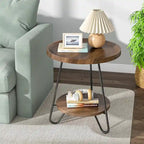 2-Tier Round Side Table, Wooden End Table with Metal Legs