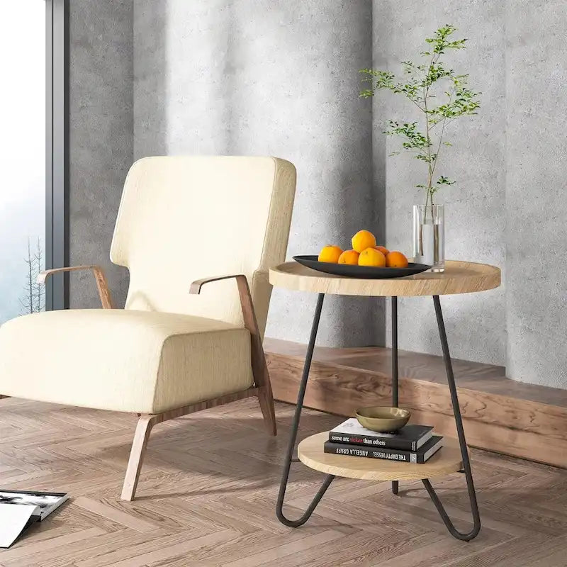 2-Tier Round Side Table, Wooden End Table with Metal Legs