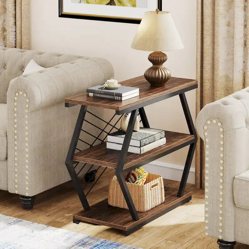 3-tier Rectangular End Side Table with Metal Frame for Living Room, Nightstand Bedside Table for Bedroom