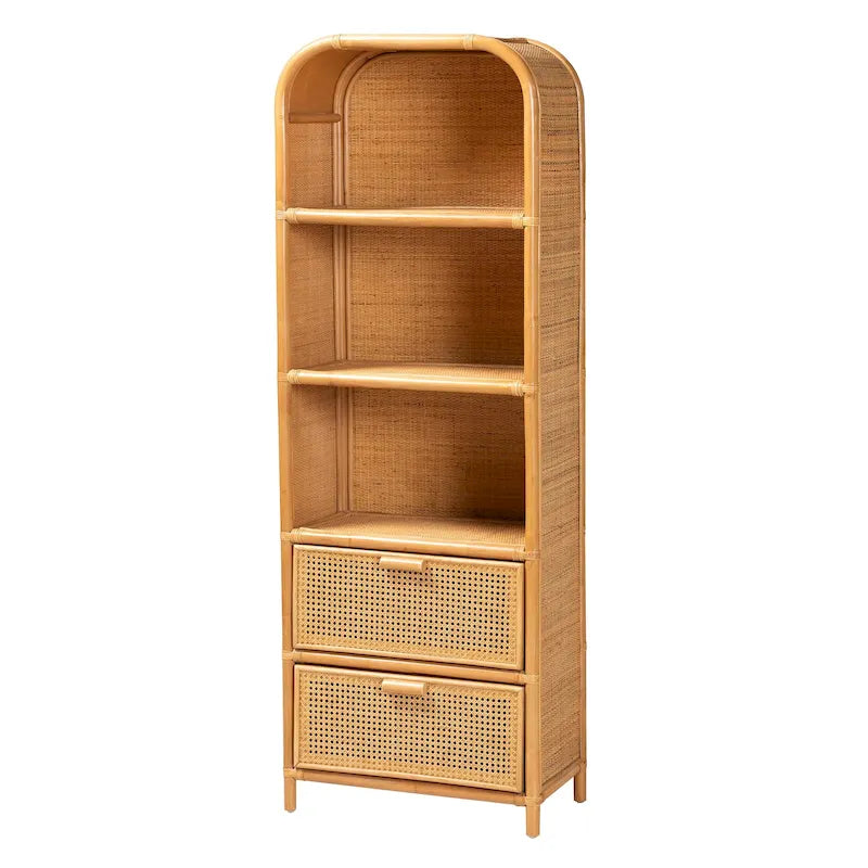 Curacao Modern Bohemian Light Honey Rattan 2-Drawer Bookcase