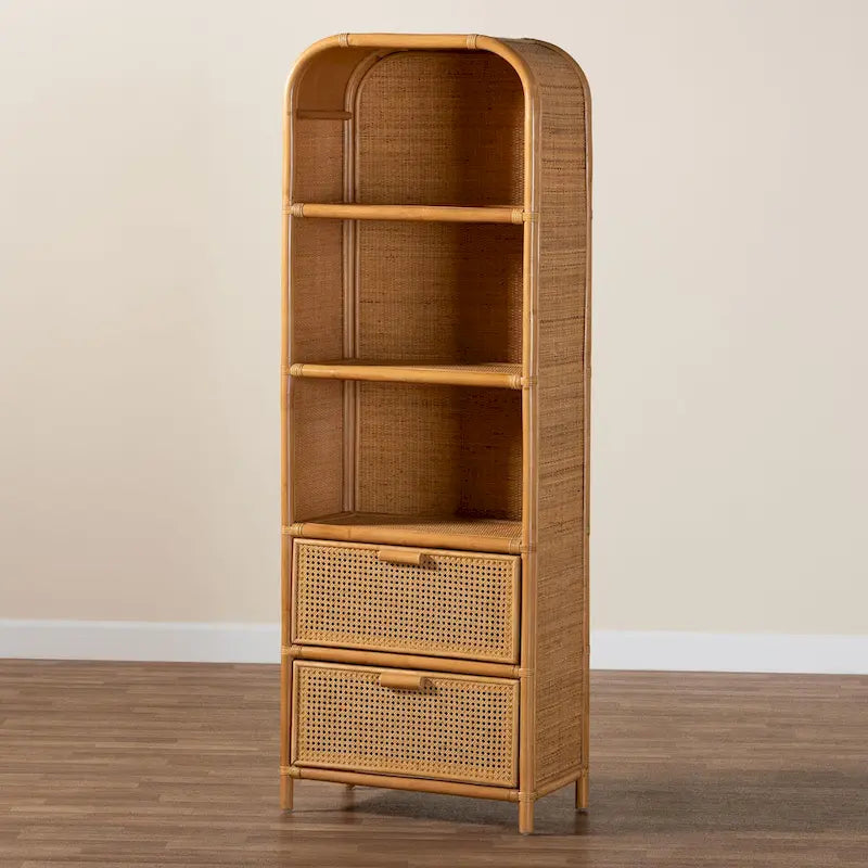 Curacao Modern Bohemian Light Honey Rattan 2-Drawer Bookcase