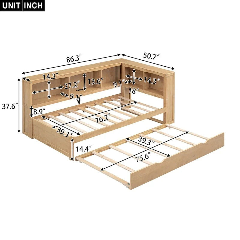 Twin Size Daybed with Trundle, Storage Cabinets and USB Ports