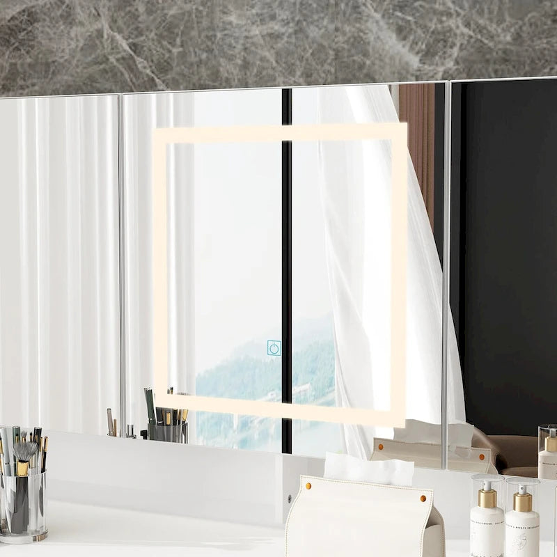 Stylish White Vanity Table with LED Lights, Mirrors, and Storage