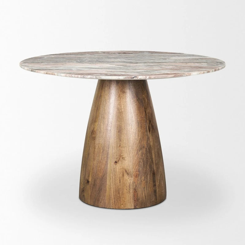 Round Medium Brown w/ Pink Marble Pedestal Dining Table - 42.0L x 42.0W x 30.0H