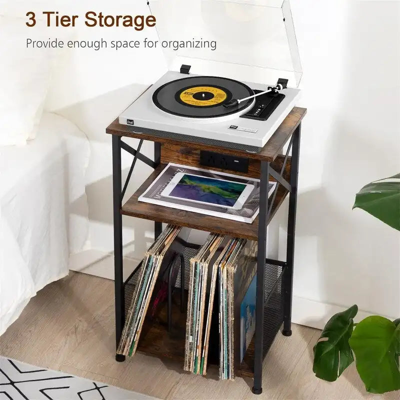 Record Player Stand with Charging Station - 15.75 x 11.41 x 25.59