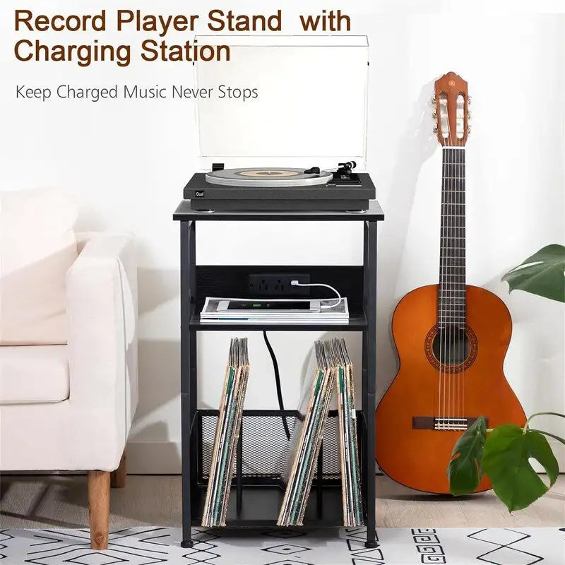 Record Player Stand with Charging Station - 15.75 x 11.41 x 25.59