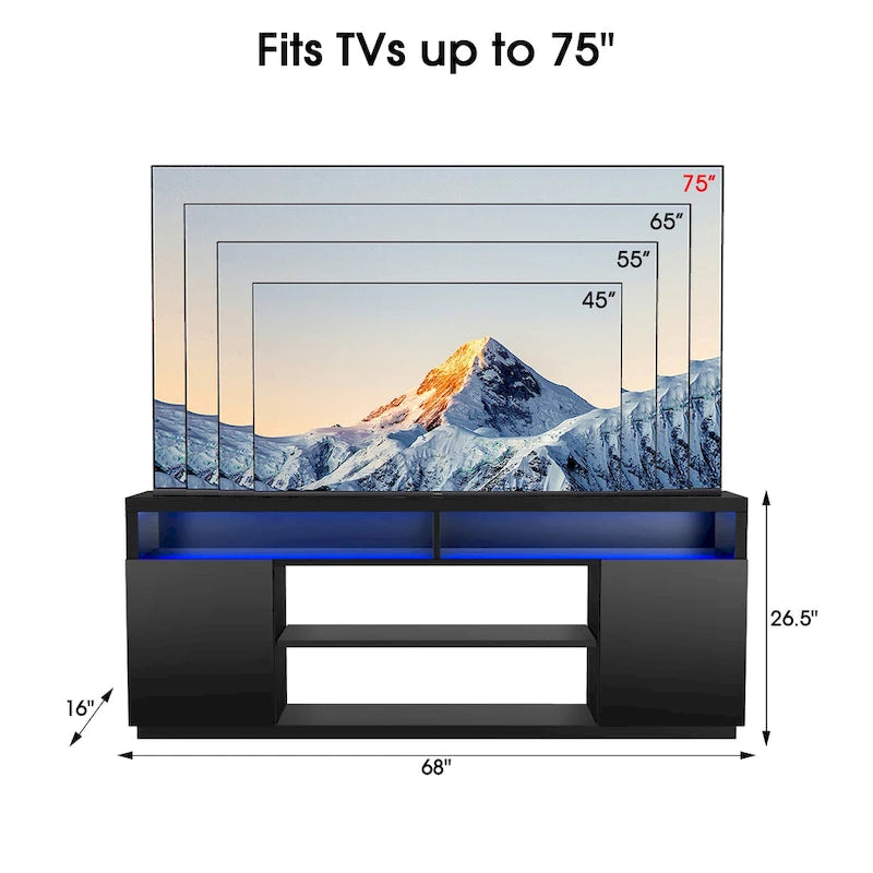 68 Modern Black Rectangular RGB LED TV Stand Media Console for up to 75 TV