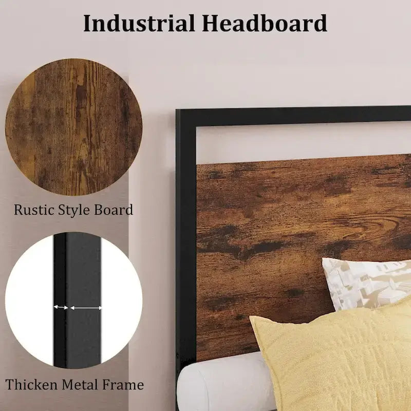 Metal Platform Bed Frame with Wooden Headboard and Footboard
