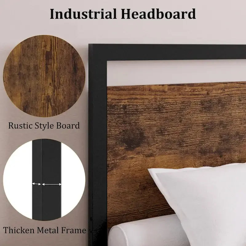 Metal Platform Bed Frame with Wooden Headboard and Footboard